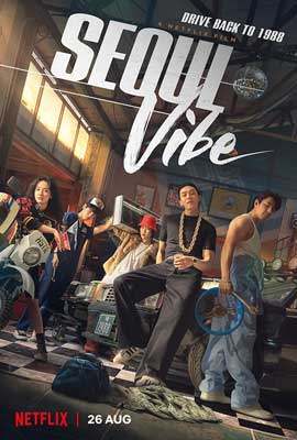 Seoul Vibe Movie Poster with image of group of people with jeans, shirts, gold chains in room with black and white checkered floor