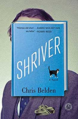 Shriver by Chris Belden book cover with blue book with cat on cover and person behind it