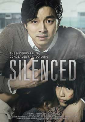 Silenced Film Poster with older person in gray sweater with white collar over child with dark hair with bangs