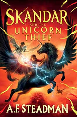 Skandar and The Unicorn Thief by A. F. Steadman book cover with black unicorn flying with person on its back and red sky with lightning