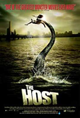 The Host Film Poster with image of S like serpent in water holding person with cityscape in background