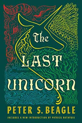The Last Unicorn by Peter S. Beagle book cover with yellow outlined green blue unicorn