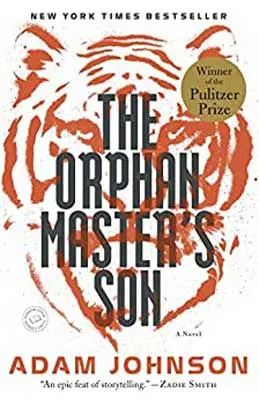The Orphan Master’s Son by Adam Johnson book cover with orange illustration of tiger on white background