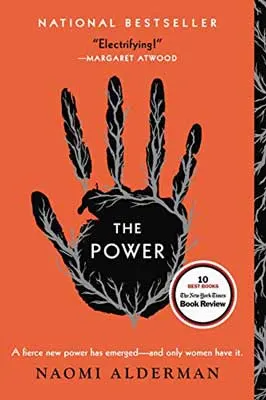 The Power by Naomi Alderman book cover with black handprint and leaves in fingers on orange background