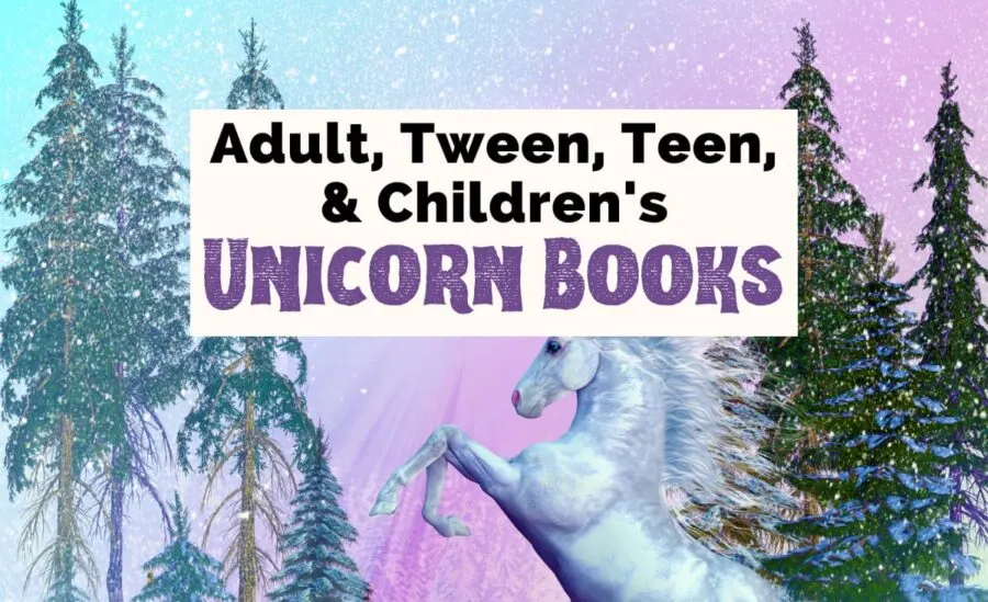 Adult, tween, teen, and children's Unicorn books with image of white unicorn rearing in green forest with purple, white, and blue green sky