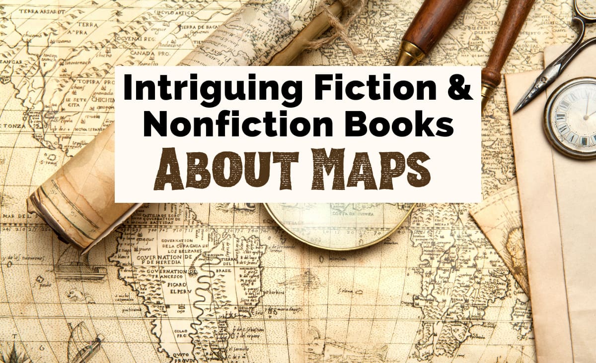 Books About Maps And Cartography with image of antique looking map, compass, rolled up map, scissors, and magnifying glass