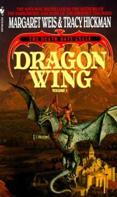 Dragon Wing by Margaret Weis & Tracy Hickman book cover with green dragon and person riding it