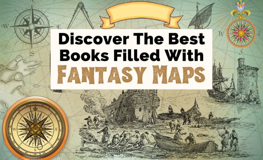 Fantasy Book Maps with image of compass, label, boats on water