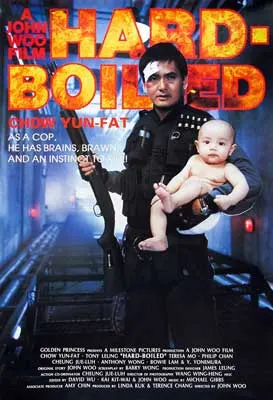 Hard Boiled Movie Poster with person with weapon holding an unclothed baby