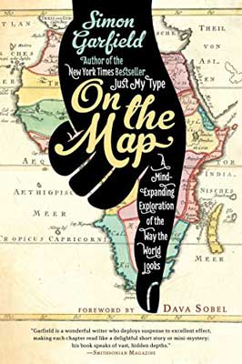 On The Map by Simon Garfield book cover with black hand with finger pointing down and African continent on map behind it