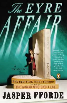 The Eyre Affair by Jasper Fforde book cover with enlarged bookend and person in red peering out behind it