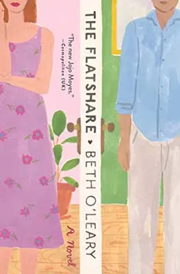 The Flatshare by Beth O’Leary book cover with illustrated person in purple flower dress and other person in blue top and tan gray pants but we don't see their faces
