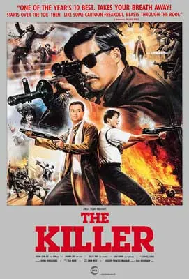 The Killer Film Poster with two people standing back to back with weapons and around them scenes of armed fighting and fire