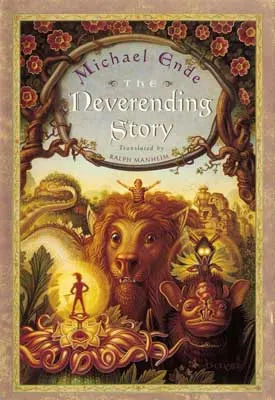 The Neverending Story by Michael Ende book cover with illustrated lion, people, and magical world