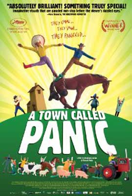 A Town Called Panic Movie Poster with images of two people standing on back of horse on green grass and house in background