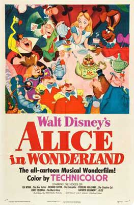 Alice in Wonderland Film Poster with illustrated people, animals, and insects from the movie