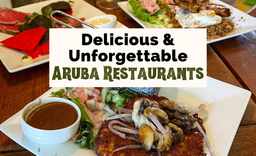 Delicious and unforgettable Aruba restaurants with image of chicken schnitzel, fried rice, and raw tuna with tortilla chips on plates on table