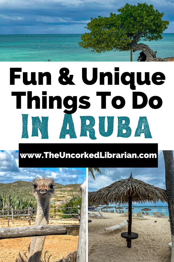Aruba Things To Do Pinterest pin with image of Fofoti tree on Eagle Beach, Ostrich from Aruba Ostrich farm, and sun umbrellas and beach lounge chairs