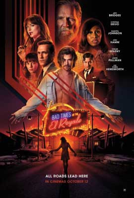 Bad Times at the El Royale Movie Poster with blue and red lit up sign with people from the movie above it