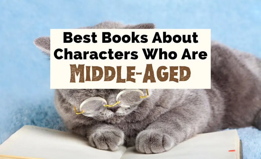 Books About Middle-Aged Characters with image of gray cat reading a black book wearing large glasses