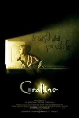 Coraline movie poster with image of animated young person looking through an opening with light