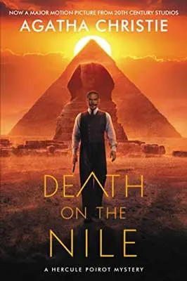 Death on the Nile by Agatha Christie book cover with person walking away from orange red and yellow pyramids with sun behind them