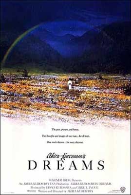 Dreams Movie Poster with person standing in a field looking out at deep blue sky and mountains at night