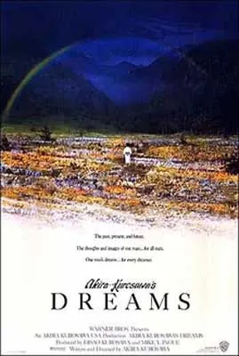 Dreams Movie Poster with person standing in a field looking out at deep blue sky and mountains at night