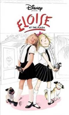Eloise at the Plaza Movie Poster with young white blonde haired girl leaning against an illustration of herself and wearing a black skirt and white top