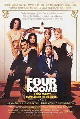 Four Rooms Film Poster with six people standing and sitting around a luggage rack