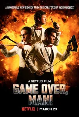 Game Over Man Movie Poster with three people holding comical hotel weapons like a hanger and iron