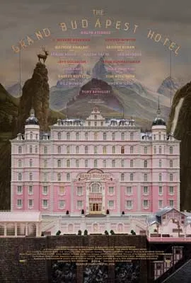 Grand Budapest Hotel Movie Poster with large pink and white hotel with mountains in backgroundd