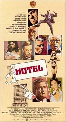Hotel Film Poster with illustrated key and portraits of people in movie