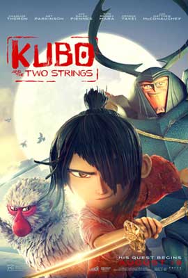 Kubo and the Two Strings Movie Poster with animated person charging forward with glowing sword and money and another person behind them