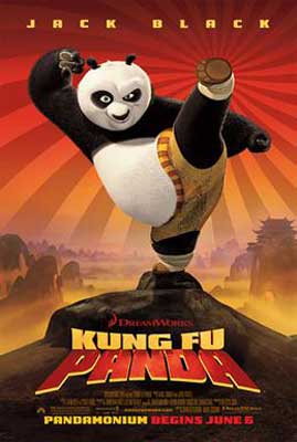 Kung Fu Panda Movie Poster with animated panda doing a kick on mountain