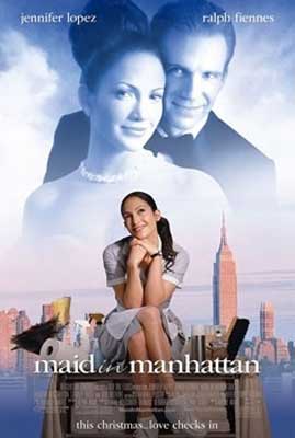 Maid in Manhattan Movie Poster with person sitting in cleaning uniform and image of woman and man dressed up in the background
