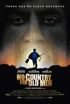 No Country for Old Men Movie Poster with person with weapon and sack running and person's face blurred above them