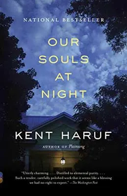 Our Souls At Night by Kent Haruf with house with light on and blue night sky with trees