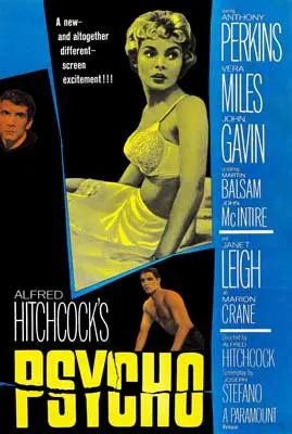 Psycho Movie Poster with woman in bra and skirt tinted yellow and two men in other shots