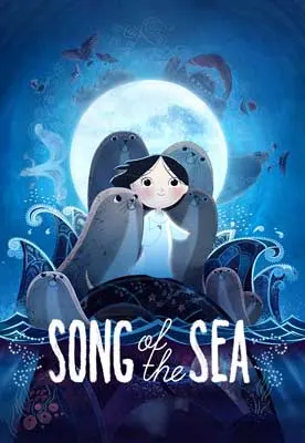 Song of the Sea Movie Poster with illustrated person on rocks in sea with seals