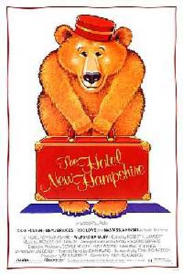 The Hotel New Hampshire Movie Poster with illustrated brown orange bear holding a red suitcase