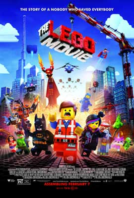 The Lego Movie film poster with lego characters in a city running down the street