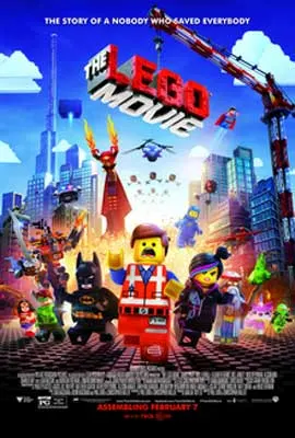 The Lego Movie film poster with lego characters in a city running down the street