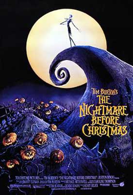 The Nightmare Before Christmas film poster with skeleton person standing on spiral cliff with moon in distance and pumpkins below