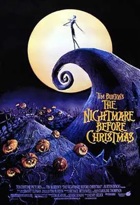 The Nightmare Before Christmas film poster with skeleton person standing on spiral cliff with moon in distance and pumpkins below