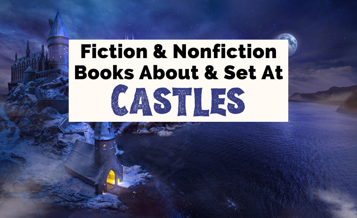Books About Castles with image of fantastical castle with church below it with purple misty background