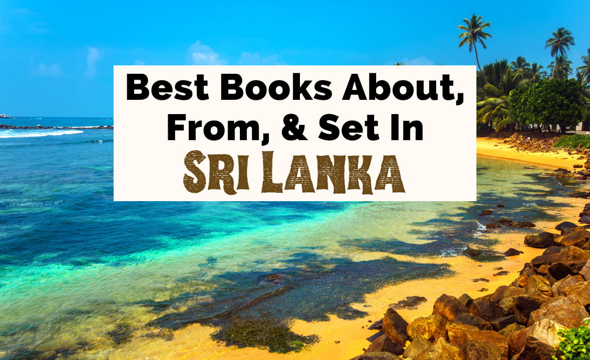 Books About Sri Lanka featured image with blue and turquoise water and yellow brown shore with tropical trees