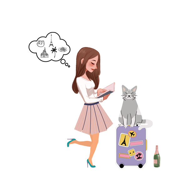 Christine Graphic with illustrated white brunette woman with long brown hair in pink skirt and white top next to gray and white cat on purple luggage with thought bubble with travel destination icons in it