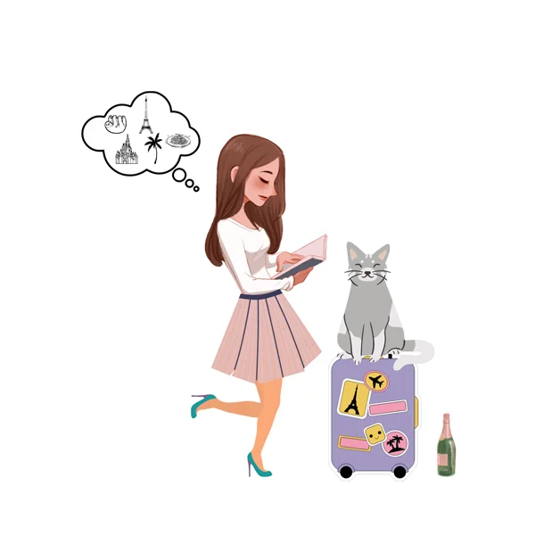 Christine Graphic with illustrated white brunette woman with long brown hair in pink skirt and white top next to gray and white cat on purple luggage with thought bubble with travel destination icons in it