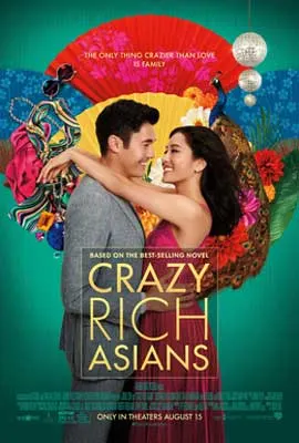 Crazy Rich Asians Movie Poster with person in red dress with arms around person in gray suit